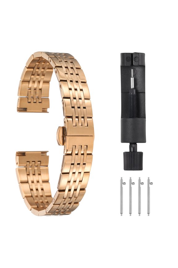 Stainless Steel Watch Bands 14mm Double Pressing Butterfly Clasp Metal Solid Steel Chain Watch Strap, Rose Gold