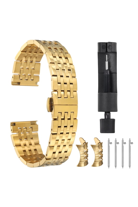 Stainless Steel Watch Bands 19mm Double Pressing Butterfly Clasp Metal Solid Steel Chain Watch Strap, Gold Tone