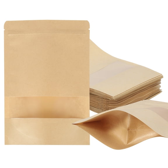 Stand Up Pouch Bags 40 Pack 9 x 6.3 Inch Resealable Kraft Paper Bags Pouches with Clear Window and Zip for Food Storage Packaging Small Business Home Brown