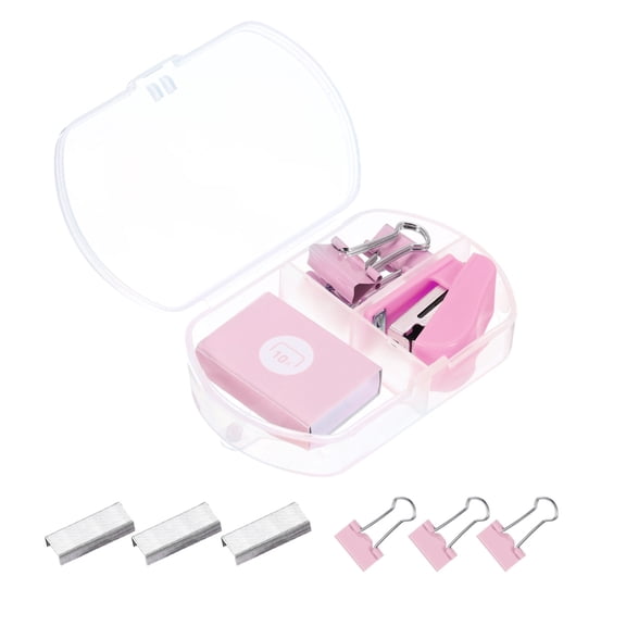 Uxcell Stapler Set, Metal Portable Desktop Office Accessories No Jams Stapler with 400 Staples 3 Binder Clips, Pink