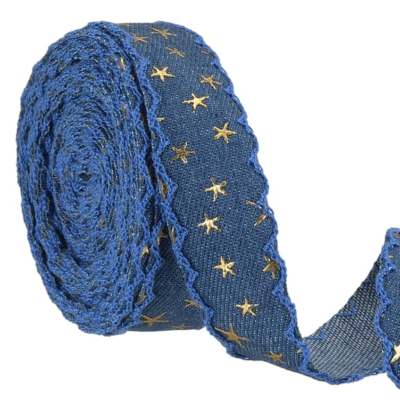 Uxcell Star Denim Ribbon (25mm)1 Inch x 5 Yards Deep Blue, Gold Foil Star Jean Cloth Fabric Wired Edge Ribbon Polyester Denim Trim Roll for DIY Sewing Craft Bow Gift Wrapping Christmas
