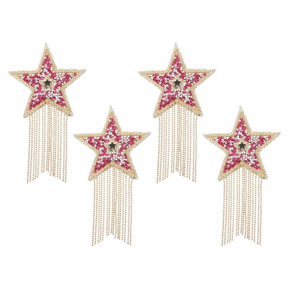 Uxcell Star Rhinestone Patches, 4 Pcs Star Shape Iron on Applique Patches with Gold Tassel, Rose Red