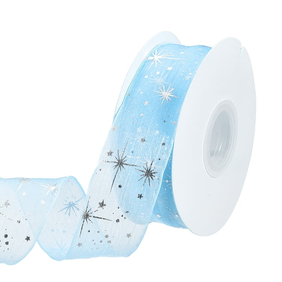 Uxcell Star Ribbon, (1-4/7" x 10 Yards, Light Blue), Silver Stars Print Trim Sheer Organza Chiffon Polyester Fabric Ribbon, Suit for Sewing/Making Crafts/Gift Wrapping/Wreaths