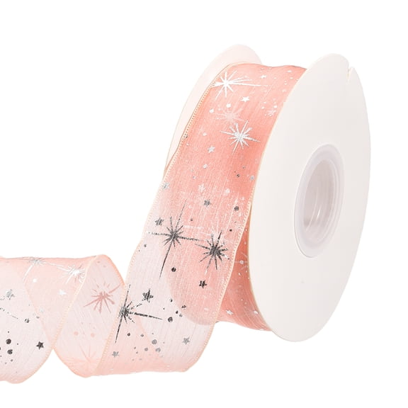 Uxcell Star Ribbon, (1-4/7" x 10 Yards, Pink), Silver Stars Print Trim Sheer Organza Chiffon Polyester Fabric Ribbon, Suit for Sewing/Making Crafts/Gift Wrapping/Wreaths