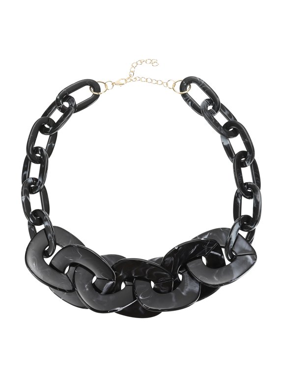 Statement Chunky Acrylic Necklace, Cuban Chain Link Black White 17-20" Adjustable Length, Bohemian Tortoise Shell Resin Geometric Chokers for Women Friend Gift Party Jewelry Accessories