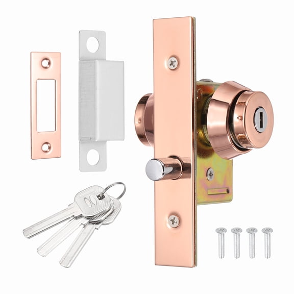 Uxcell Storefront Door Mortise Lock, Commercial Deadbolt Mortise Lock Circle Bolt Glass Framed Central Door Lock Set with Double Cylinder and 3 Keys, Rose Gold