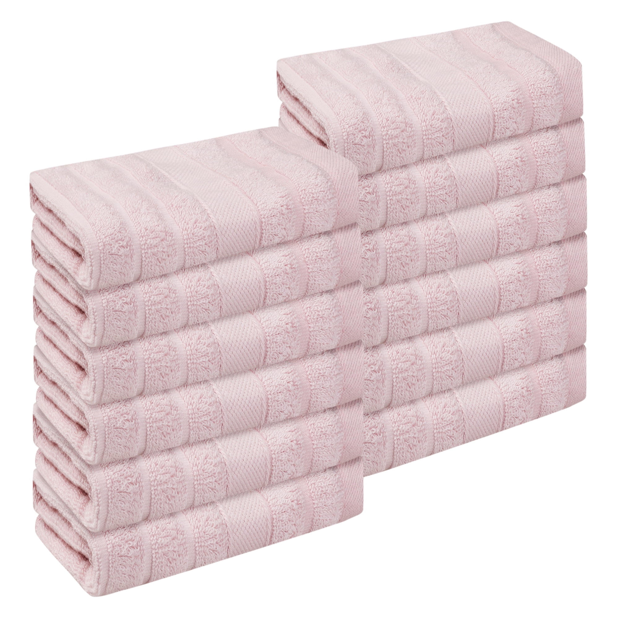 REGALWOVEN Striped 12 Pack Washcloths, Pure Cotton Face Towels, Comfort Towels for Bathroom, Hotel, Spa Pink 14'x14'