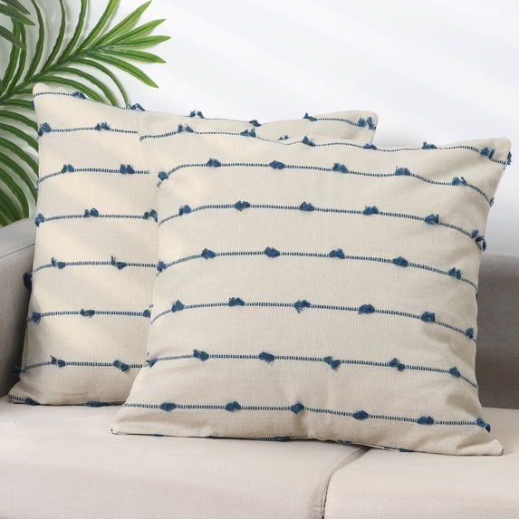 REGALWOVEN Striped Boho Cushion Covers 2 Pack Square Modern Farmhouse Neutral Pillowcases Blue 20 x 20 Inch