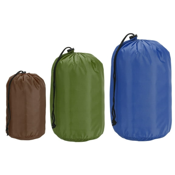 Uxcell Stuff Sack, 4x8"/5x10"/7x13" Waterproof Outdoor Storage Sack Portable Drawstring Bag for Camping, Brown/Green/Navy Blue 3 Pcs