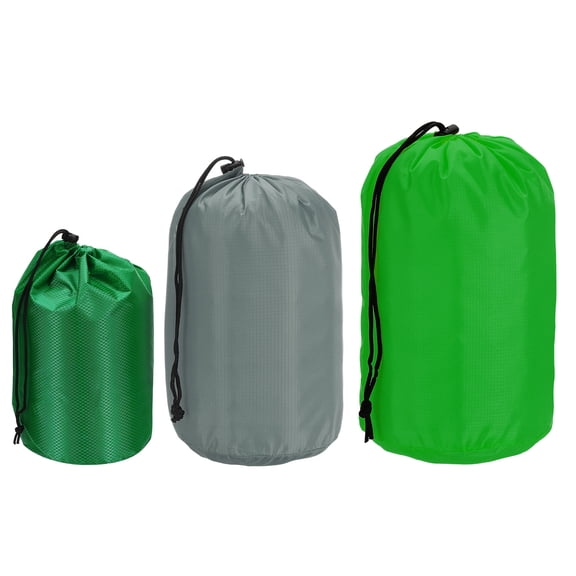 Uxcell Stuff Sack, 4x8"/5x10"/7x13" Waterproof Outdoor Storage Sack Portable Drawstring Bag for Camping, Dark Green/Grey/Green 3 Pcs