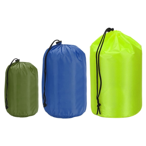 Uxcell Stuff Sack, 4x8"/5x10"/7x13" Waterproof Outdoor Storage Sack Portable Drawstring Bag for Camping, Green/Navy Blue/Fluorescent Green 3 Pcs