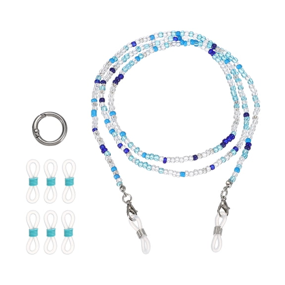 Uxcell Stylish Eyeglasses Chain for Woman, Glass Bead Mask Lanyard Chain Fashion Sunglasses Strap Holder Necklace with Anti-Slip Silicone Loops/Buckle, Clear Blue