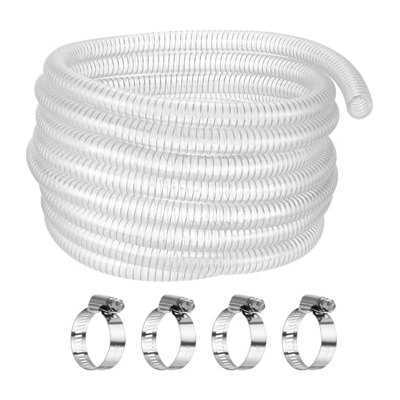 Uxcell Suction Hose, 3/4 ID x 25 ft Clear Steel Wire Flexible Tubing with 2 Clamps