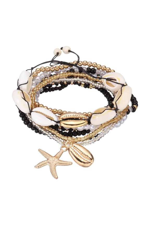 Summer Beach Bracelets Bohemian Multi-Layer Seashell Starfish Beads Stretch Bracelet Set for Women Wristbands Jewelry Accessories Costume Gifts, Black
