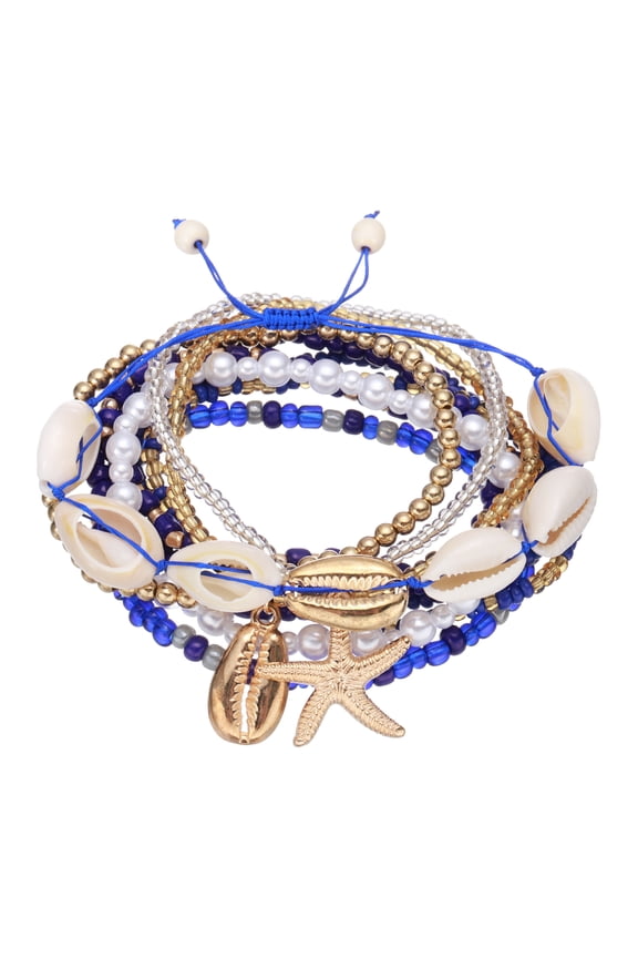 Summer Beach Bracelets Bohemian Multi-Layer Seashell Starfish Beads Stretch Bracelet Set for Women Wristbands Jewelry Accessories Costume Gifts, Dark Blue