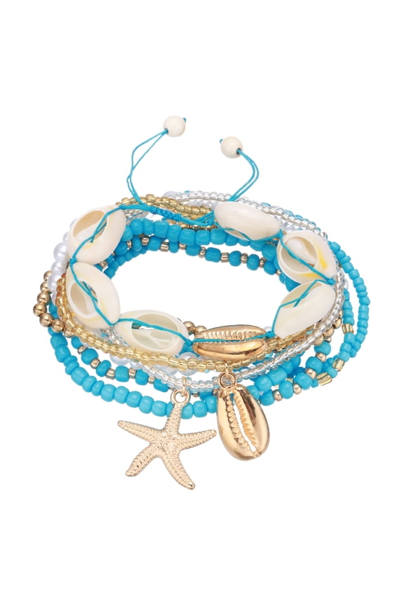 Summer Beach Bracelets Bohemian Multi-Layer Seashell Starfish Beads Stretch Bracelet Set for Women Wristbands Jewelry Accessories Costume Gifts, Sky Blue