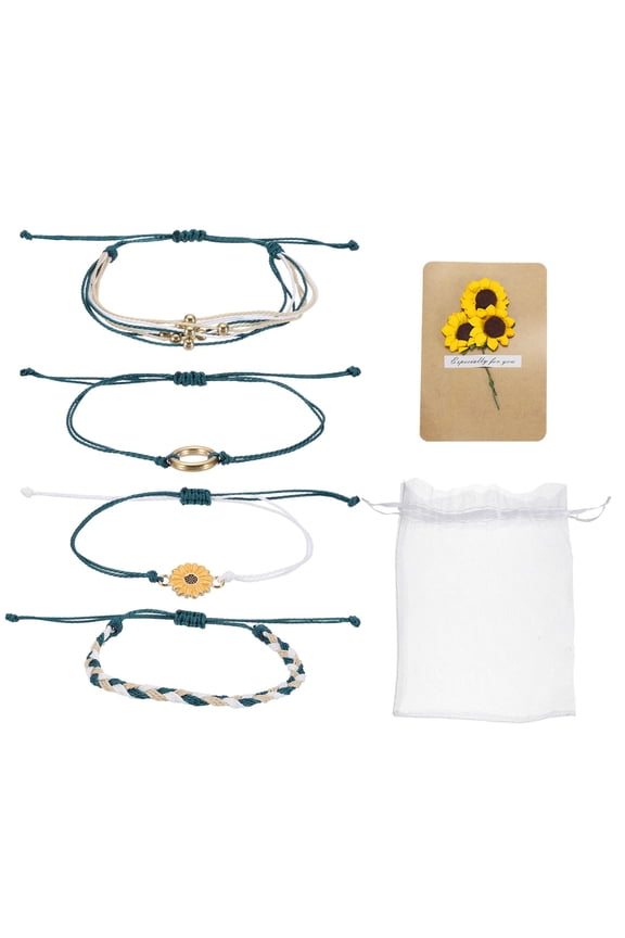 Sunflower Bracelets Bohemia Surf Friendship Bracelet Adjustable Sunflower Braided Rope String Set with Card & Mesh Bag for Women Trendy Jewelry Couple Gifts, Dark Green