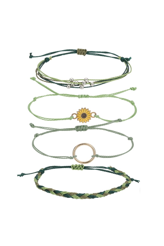 Sunflower String Bracelets, Adjustable Handmade Bracelets Waterproof Braided Rope, Dark Green/Light Green 4 Pcs
