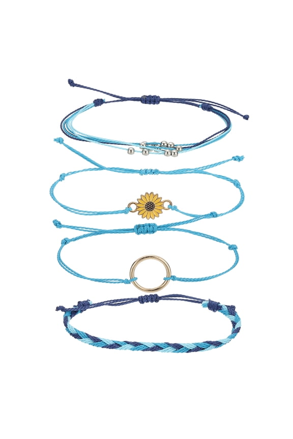 Sunflower String Bracelets, Adjustable Handmade Bracelets Waterproof Braided Rope, Light Blue/Dark Blue 4 Pcs
