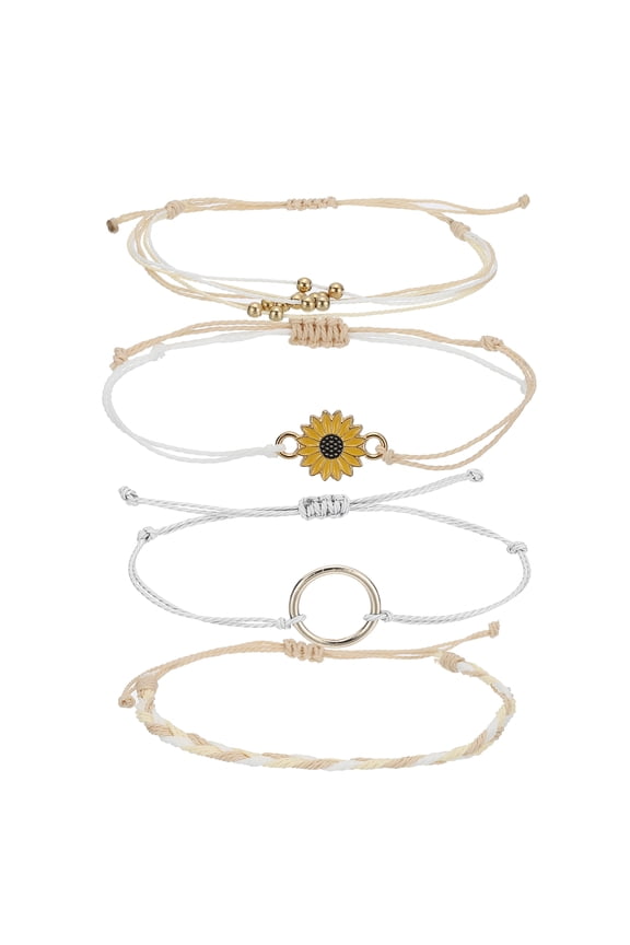 Sunflower String Bracelets, Adjustable Handmade Bracelets Waterproof Braided Rope for Girls, Beige/White 4 Pcs