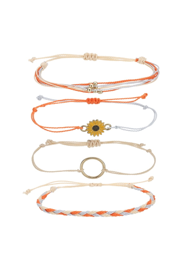 Sunflower String Bracelets, Adjustable Handmade Bracelets Waterproof Braided Rope for Girls, Orange/Cream 4 Pcs