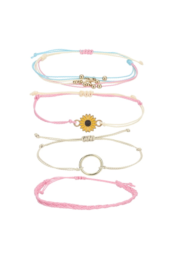 Sunflower String Bracelets, Adjustable Handmade Bracelets Waterproof Braided Rope for Girls, Pink/Cream 4 Pcs