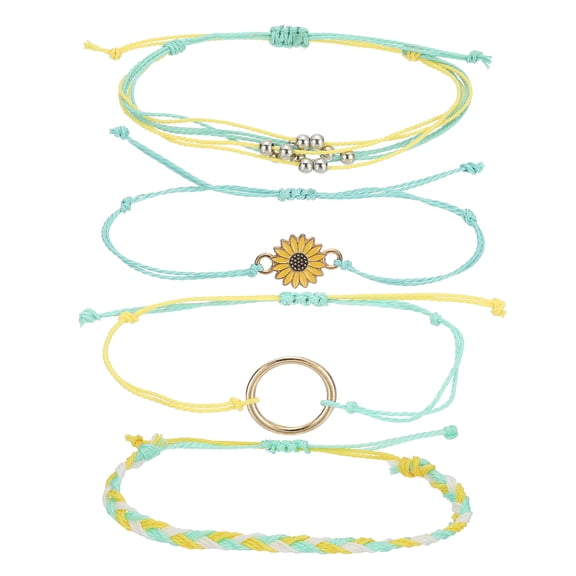 Uxcell Sunflower String Bracelets, Adjustable Handmade Bracelets Waterproof Braided Rope for Girls, Yellow/Lime 4 Pcs