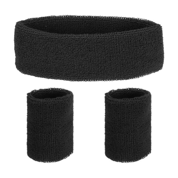 Uxcell Sweat Band Set Sports Terry Cloth Headband Wristband Moisture Wicking Head Band for Workout Black