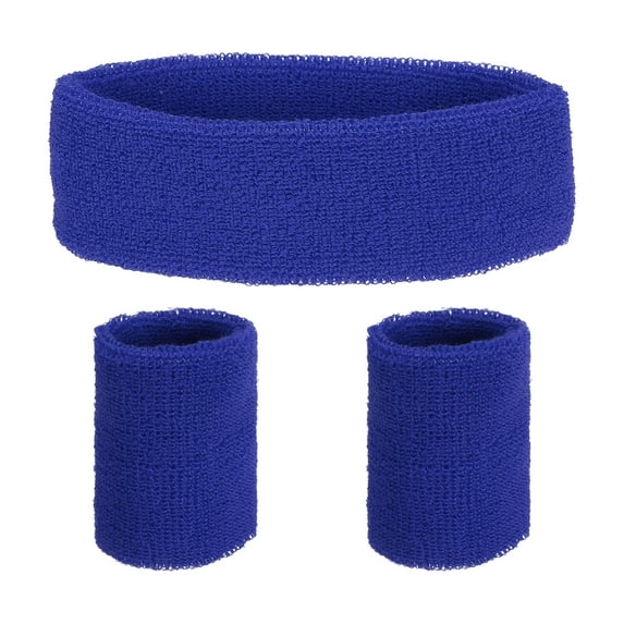 Uxcell Sweat Band Set Sports Terry Cloth Headband Wristband Moisture Wicking Head Band for Workout Blue