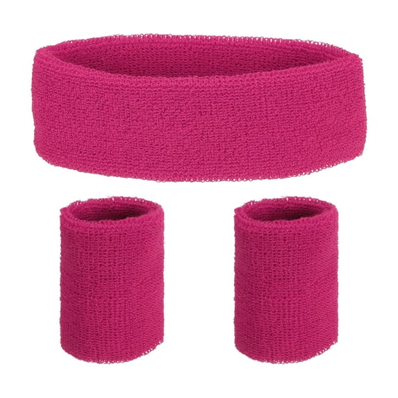 Uxcell Sweat Band Set Sports Terry Cloth Headband Wristband Moisture Wicking Head Band for Workout Deep Pink