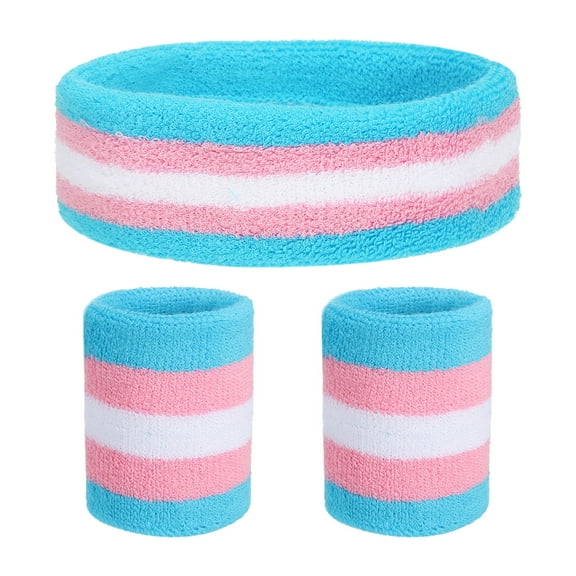 Uxcell Sweat Band Set Sports Terry Cloth Headband Wristband Set 7"x2" Moisture Wicking Sweat Absorbing Head Band Blue/Pink/White