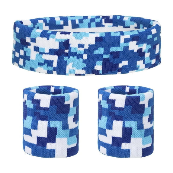 Sweat Band Set Sports Terry Cloth Headband Wristband Set 8"x2" Sweat Absorbing Head Band Blue