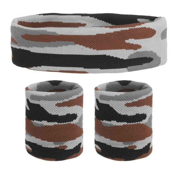 Sweat Band Set Sports Terry Cloth Headband Wristband Set 8"x2" (Striped Camouflage Brown/Gray)
