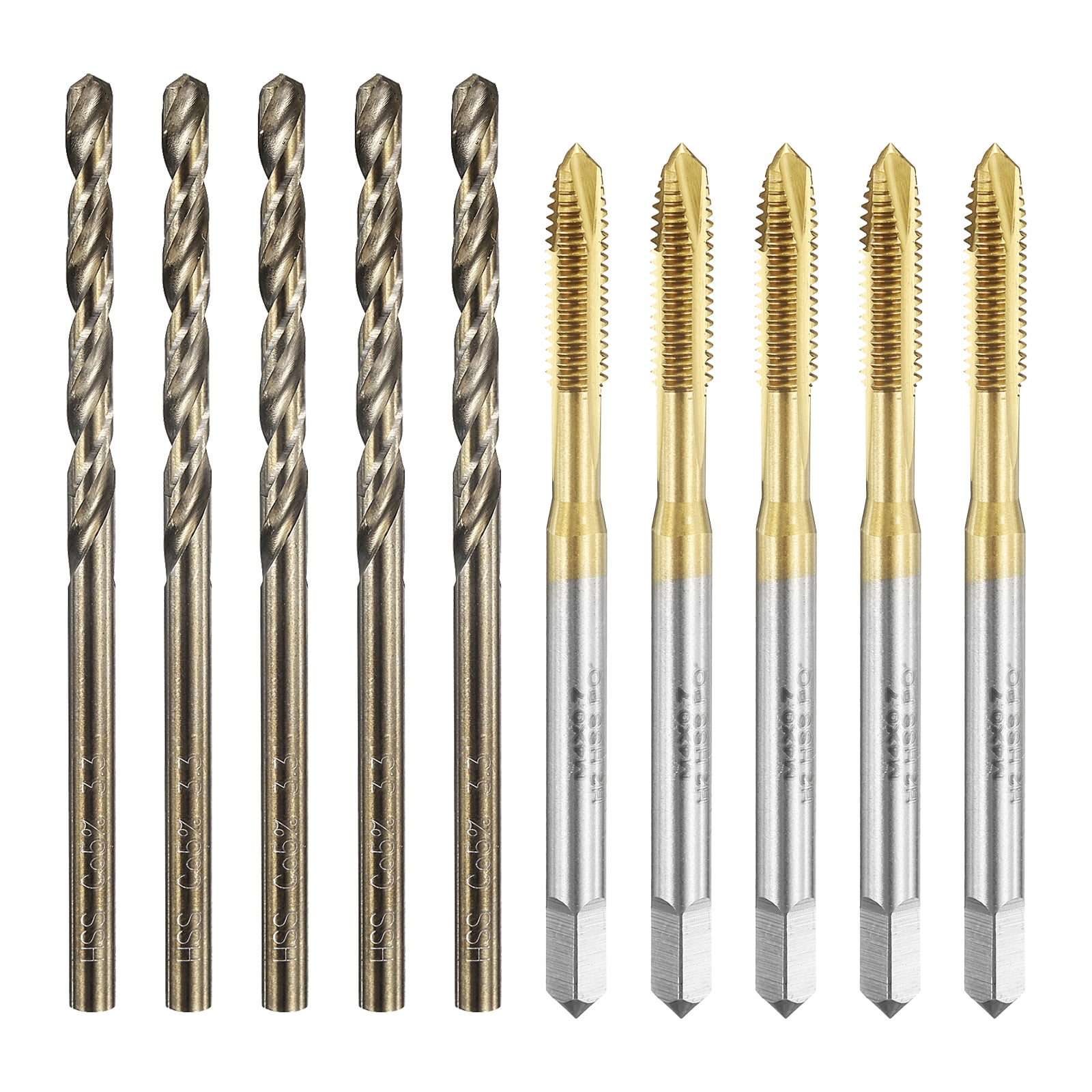 Uxcell Tap and Drill Bit Set, 5pcs M4 x 0.7 Metric Spiral Point Thread Screw Taps & 5pcs 3.3mm Twist Drill Bits, Titanium Coated/Roasted Yellow HSS-6542/M35 HSS-CO Tapping Threading Tool