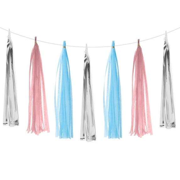 Uxcell Tassel Garland Banner, Tissue Paper Tassels Party Decorations DIY Kits for Wedding Birthday Silver/Sky Blue/Light Pink