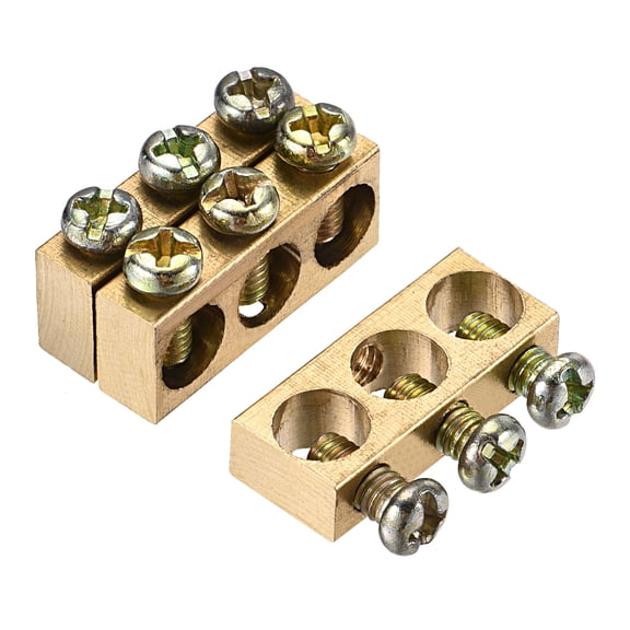 Uxcell Terminal Ground Bar Screw Block Barrier Brass 3 Positions 25mmx5.7mmx10mm for Electrical Distribution 3 Pack