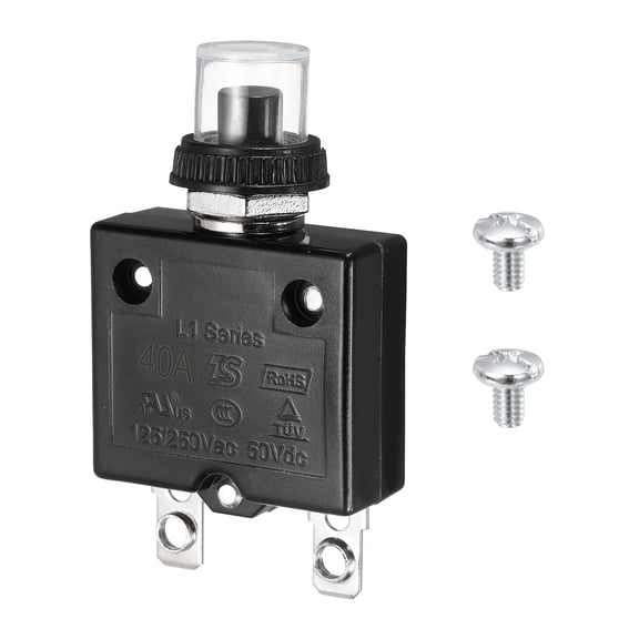 Uxcell Thermal Circuit Breaker, 40A 125/250V AC 50V DC Push Button Manual Reset Overload Protector Switch with Waterproof Button Caps Screw Nut Screws for Car Motor Air Compressor