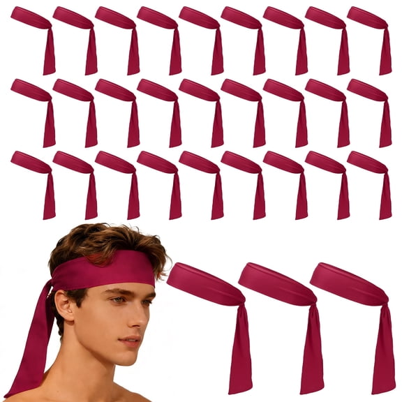 Uxcell Tie Sweatband Headband, Running Athletic Hair Head Band Adjustable Head Tie Non-Slip Moisture Wicking 30Pcs & Burgundy -Fitting for (Tennis/Karate/Workout/Yoga)
