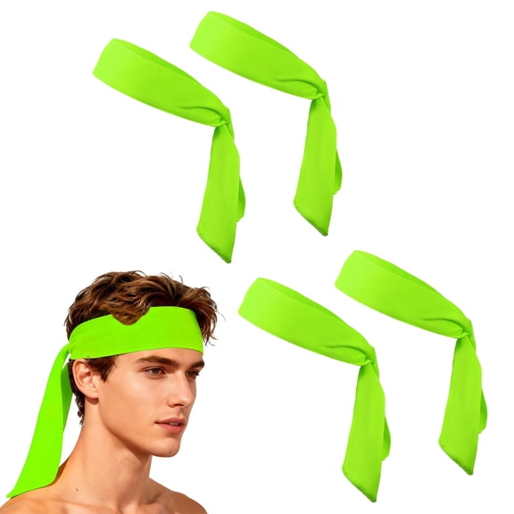 Uxcell Tie Sweatband Headband, Running Athletic Hair Head Band Adjustable Head Tie Non-Slip Moisture Wicking 4Pcs & Fluorescent Green -Fitting for (Tennis/Karate/Workout/Yoga)