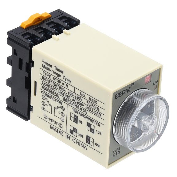 Uxcell Time Delay Relay ST3PA-B AC/DC24V Timer Relay 0-10S, 8Copper Pin Knob Control Electronic Timer W Base 2Sets Delay Contacts Industrial Automation Electrical Control Home Appliance