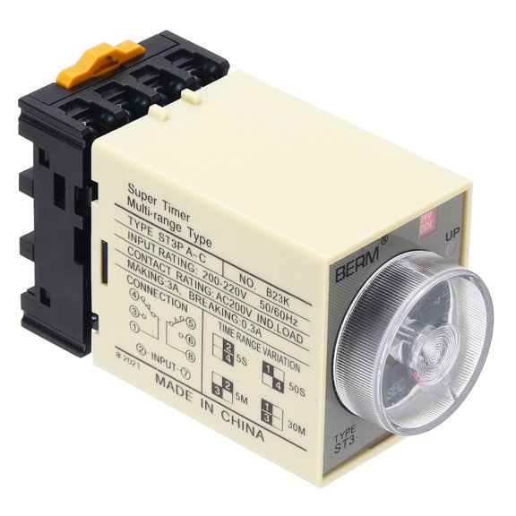 Uxcell Time Delay Relay ST3PA-C AC/DC24V Timer Relay 0-5S, 8Copper Pin Knob Control Electronic Timer W Base 2Sets Delay Contacts Industrial Automation Electrical Control Home Appliance