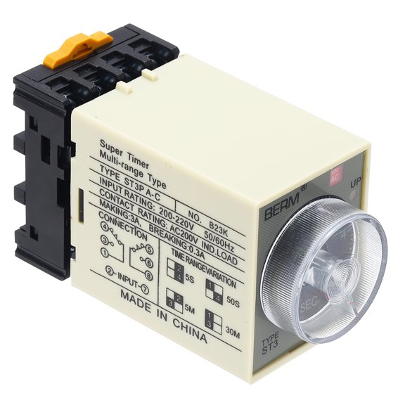 Uxcell Time Delay Relay ST3PA-C AC220V Timer Relay 0-5S, 8Copper Pin Knob Control Electronic Timer W Base 2Sets Delay Contacts Industrial Automation Electrical Control Home Appliance