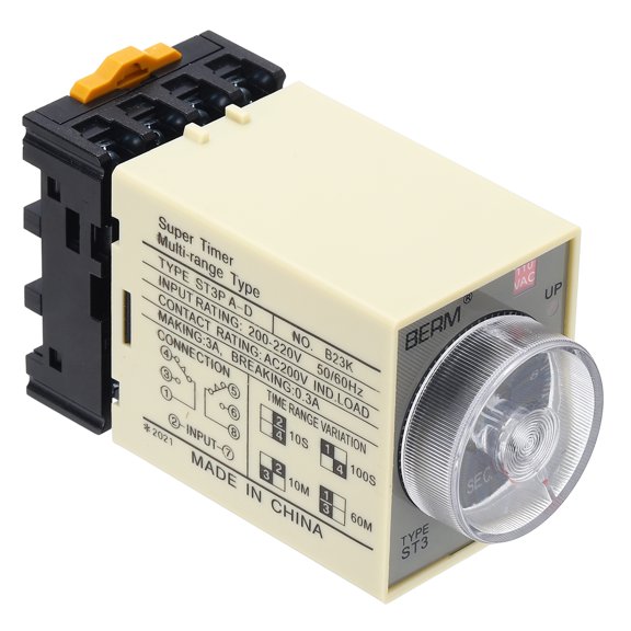 Uxcell Time Delay Relay ST3PA-D AC110V Timer Relay 0-10S, 8Copper Pin Knob Control Electronic Timer W Base 2Sets Delay Contacts Industrial Automation Electrical Control Home Appliance