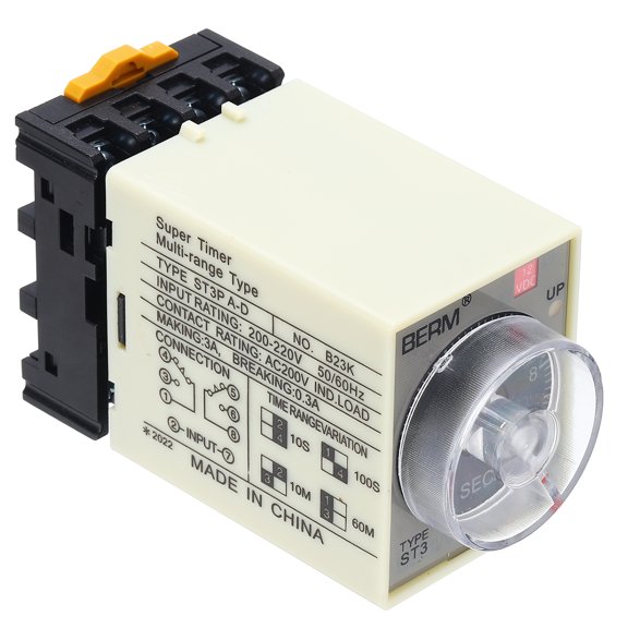 Uxcell Time Delay Relay ST3PA-D DC12V Timer Relay 0-10S, 8Copper Pin Knob Control Electronic Timer W Base 2Sets Delay Contacts Industrial Automation Electrical Control Home Appliance