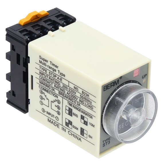 Uxcell Time Delay Relay ST3PA-E AC220V Timer Relay 0-60S, 8Copper Pin Knob Control Electronic Timer W Base 2Sets Delay Contacts Industrial Automation Electrical Control Home Appliance