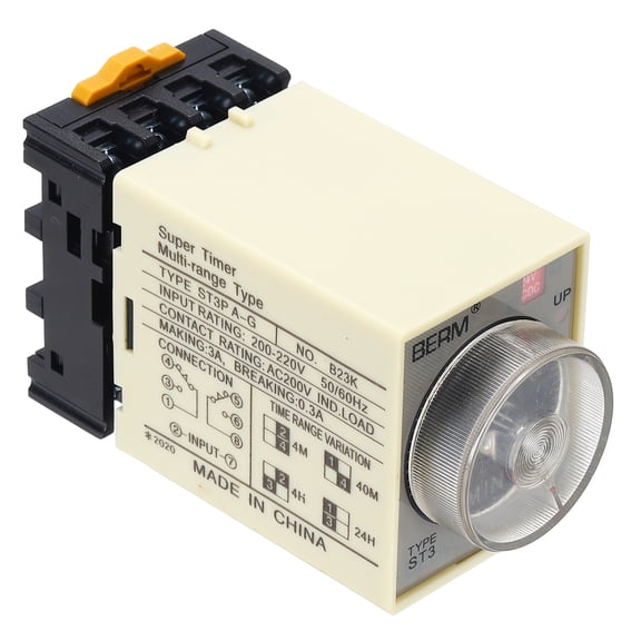 Uxcell Time Delay Relay ST3PA-G AC/DC24V Timer Relay 0-4M, 8Copper Pin Knob Control Electronic Timer W Base 2Sets Delay Contacts Industrial Automation Electrical Control Home Appliance