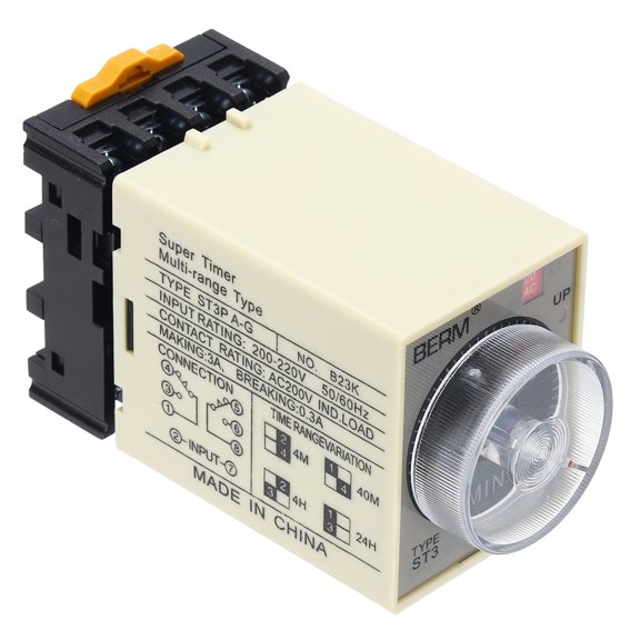 Uxcell Time Delay Relay ST3PA-G AC220V Timer Relay 0-4M, 8Copper Pin Knob Control Electronic Timer W Base 2Sets Delay Contacts Industrial Automation Electrical Control Home Appliance