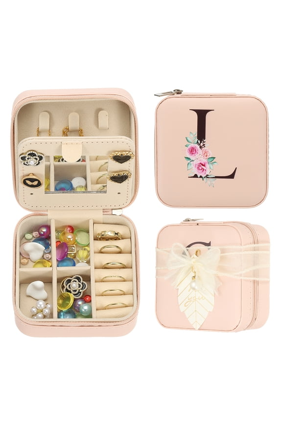 Travel Jewelry Case, L Initial Small Travel Jewelry Box Organizer Rings Earrings Storage Case Gifts, Pink