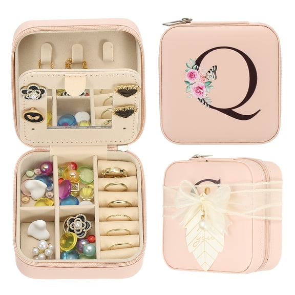 Uxcell Travel Jewelry Case, Q Initial Small Travel Jewelry Box Organizer Rings Earrings Storage Case Gifts, Pink