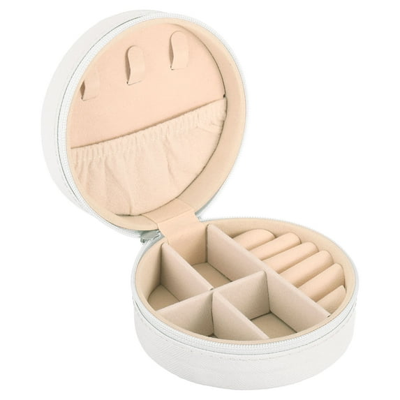 Uxcell Travel Jewelry Case Small Jewelry Organizer Portable Mini Jewelry Box Round to Store Rings Earrings Necklaces, White